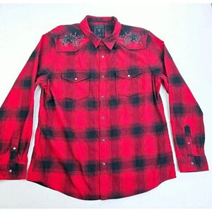 Guess Slim Fit Size XL Mens Black Red Flannel Check Embroidered Roses Logo Shirt